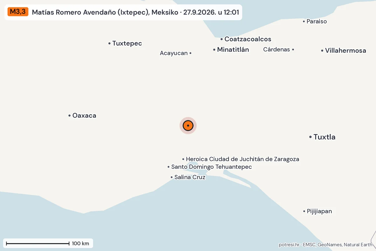 Karta: šire područje, 600 km, potres M3,3, Matías Romero Avendaño (Ixtepec), Meksiko, 27.9.2026.