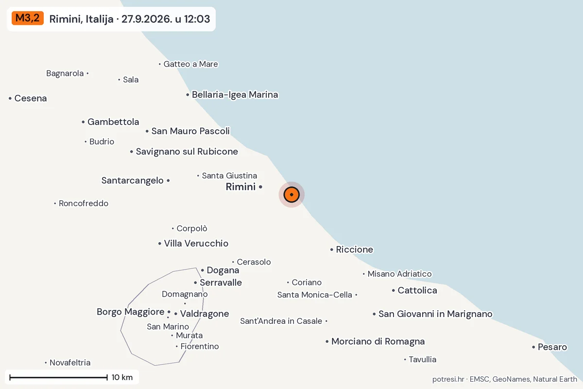 Karta: okolica epicentra, 60 km, potres M3,2, Rimini, Italija, 27.9.2026.