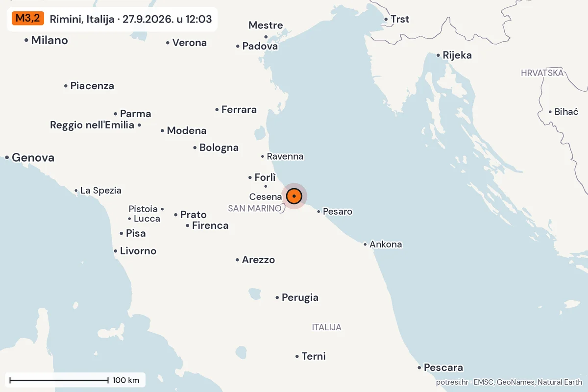 Karta: šire područje, 600 km, potres M3,2, Rimini, Italija, 27.9.2026.