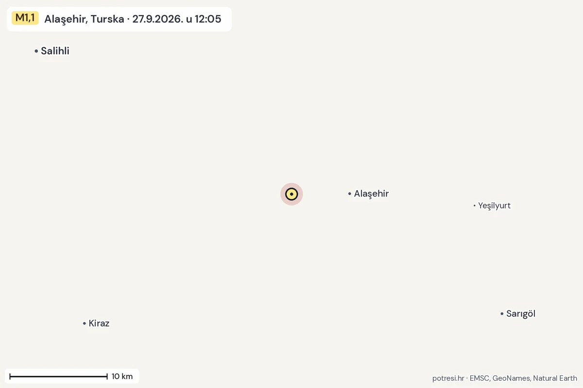 Karta: okolica epicentra, 60 km, potres M1,1, Alaşehir, Turska, 27.9.2026.