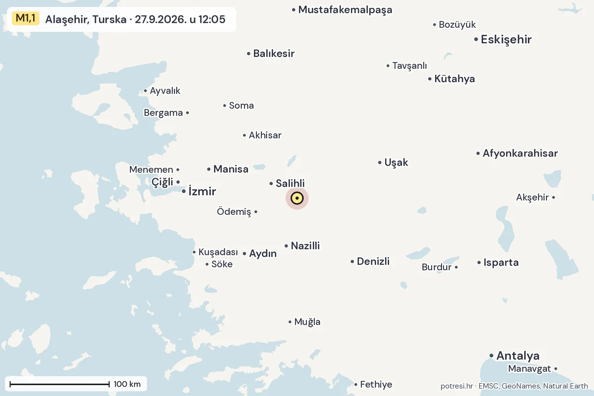 Karta: šire područje, 600 km, potres M1,1, Alaşehir, Turska, 27.9.2026.