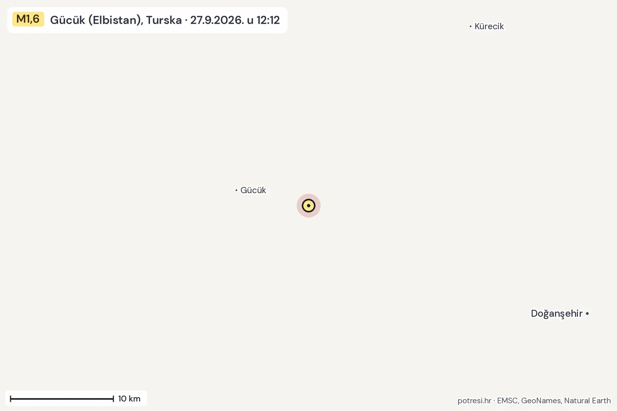 Karta: okolica epicentra, 60 km, potres M1,6, Gücük (Elbistan), Turska, 27.9.2026.