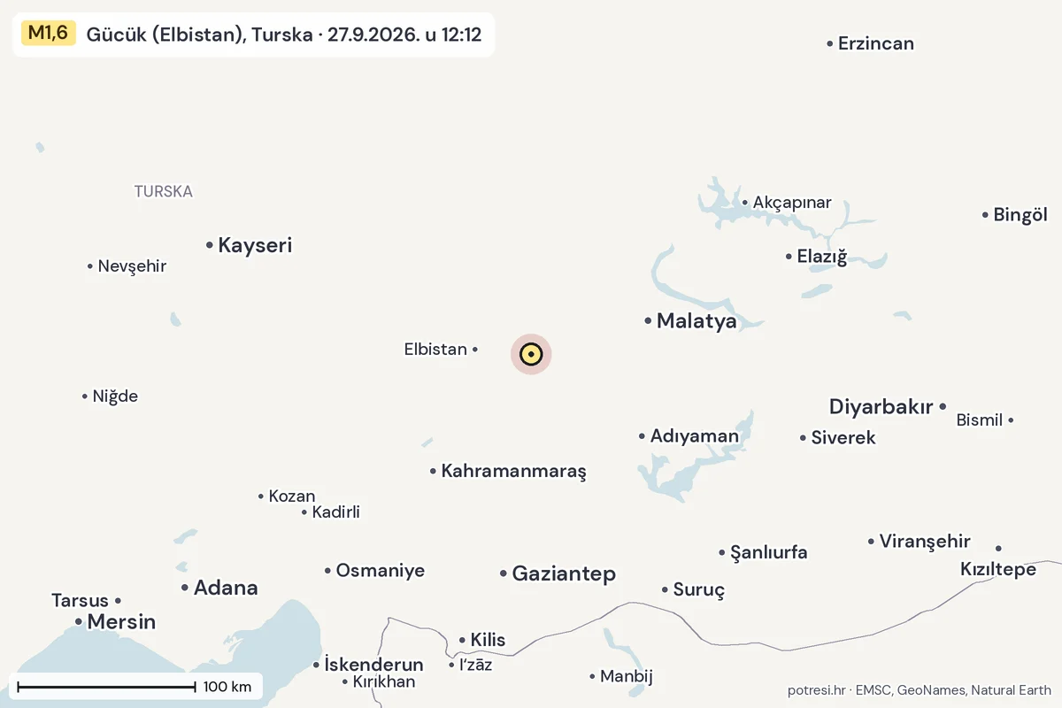 Karta: šire područje, 600 km, potres M1,6, Gücük (Elbistan), Turska, 27.9.2026.