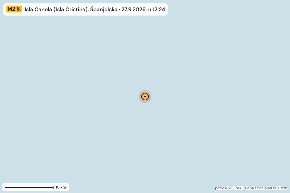 Karta: okolica epicentra, 60 km, potres M2,8, Isla Canela (Isla Cristina), Španjolska, 27.9.2026.
