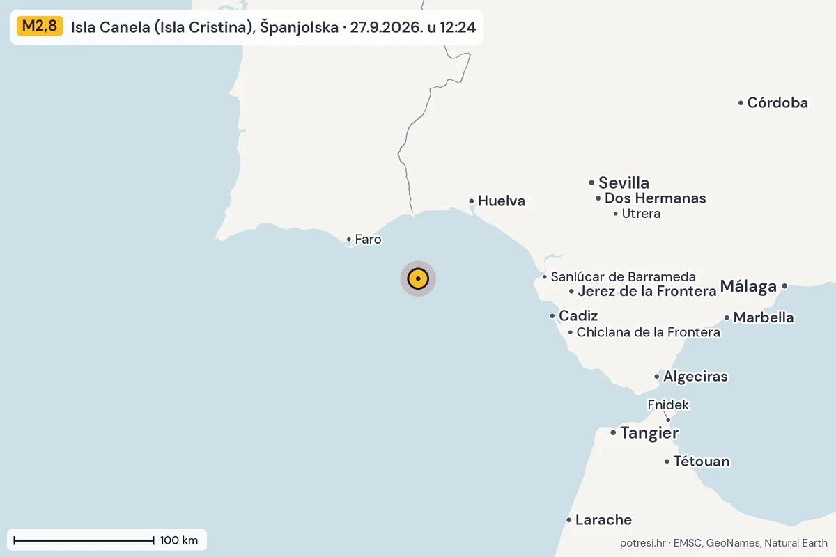 Karta: šire područje, 600 km, potres M2,8, Isla Canela (Isla Cristina), Španjolska, 27.9.2026.