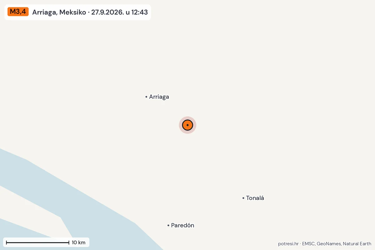 Karta: okolica epicentra, 60 km, potres M3,4, Arriaga, Meksiko, 27.9.2026.