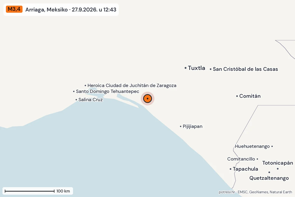 Karta: šire područje, 600 km, potres M3,4, Arriaga, Meksiko, 27.9.2026.