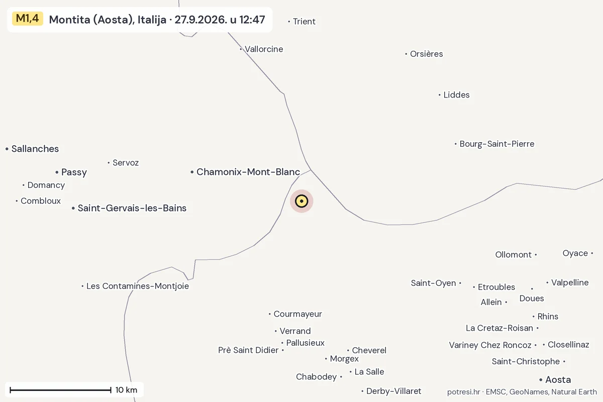 Karta: okolica epicentra, 60 km, potres M1,4, Montita (Aosta), Italija, 27.9.2026.