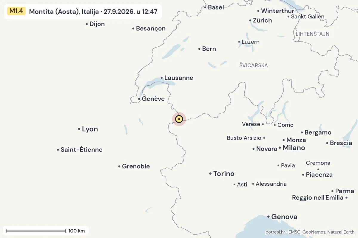 Karta: šire područje, 600 km, potres M1,4, Montita (Aosta), Italija, 27.9.2026.