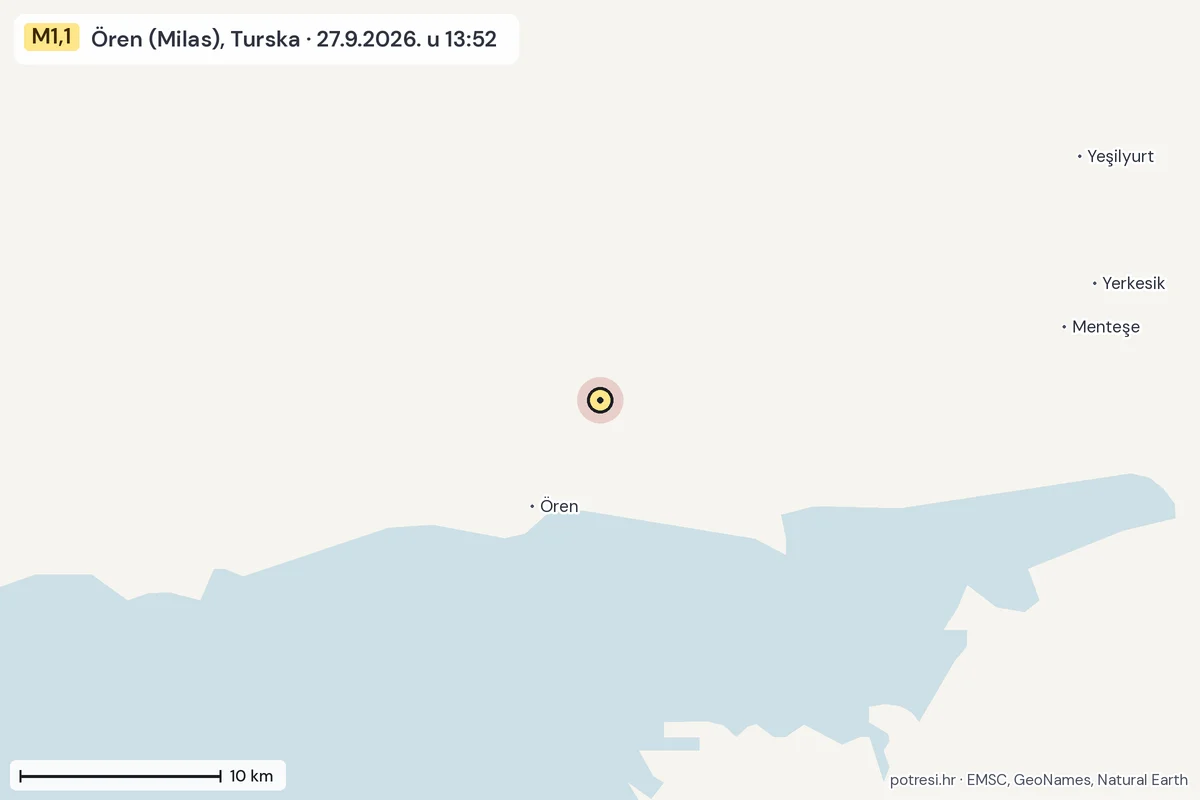 Karta: okolica epicentra, 60 km, potres M1,1, Ören (Milas), Turska, 27.9.2026.