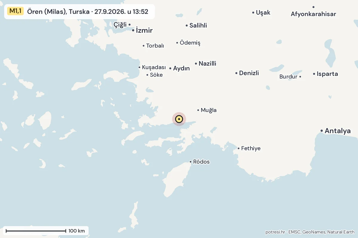 Karta: šire područje, 600 km, potres M1,1, Ören (Milas), Turska, 27.9.2026.