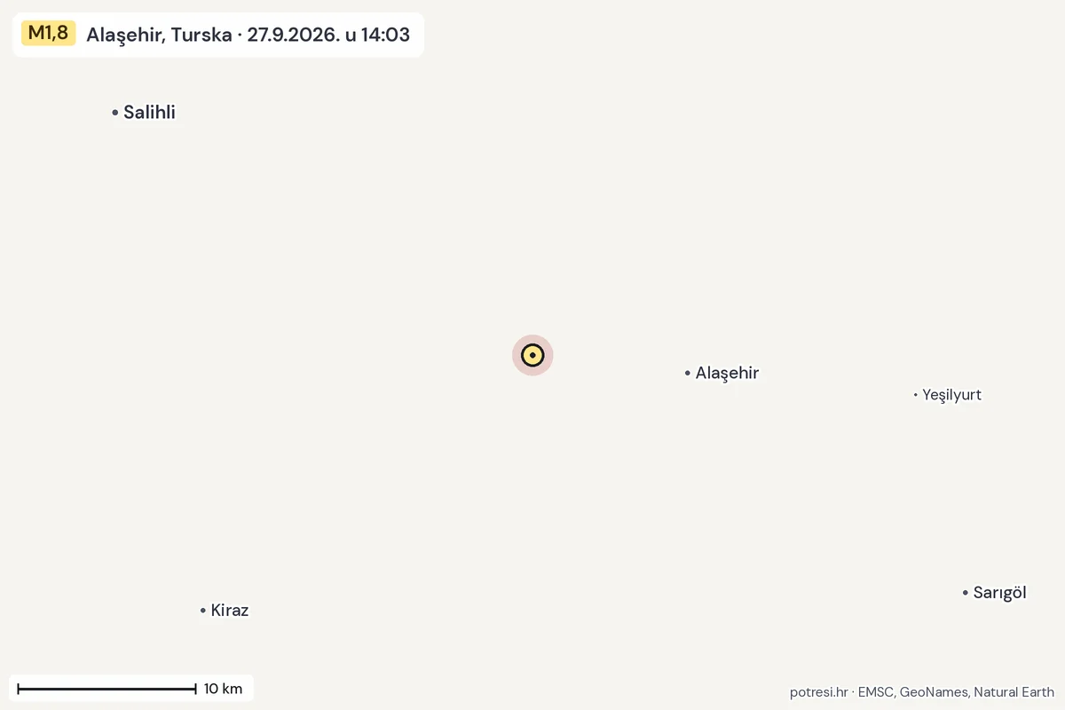 Karta: okolica epicentra, 60 km, potres M1,8, Alaşehir, Turska, 27.9.2026.