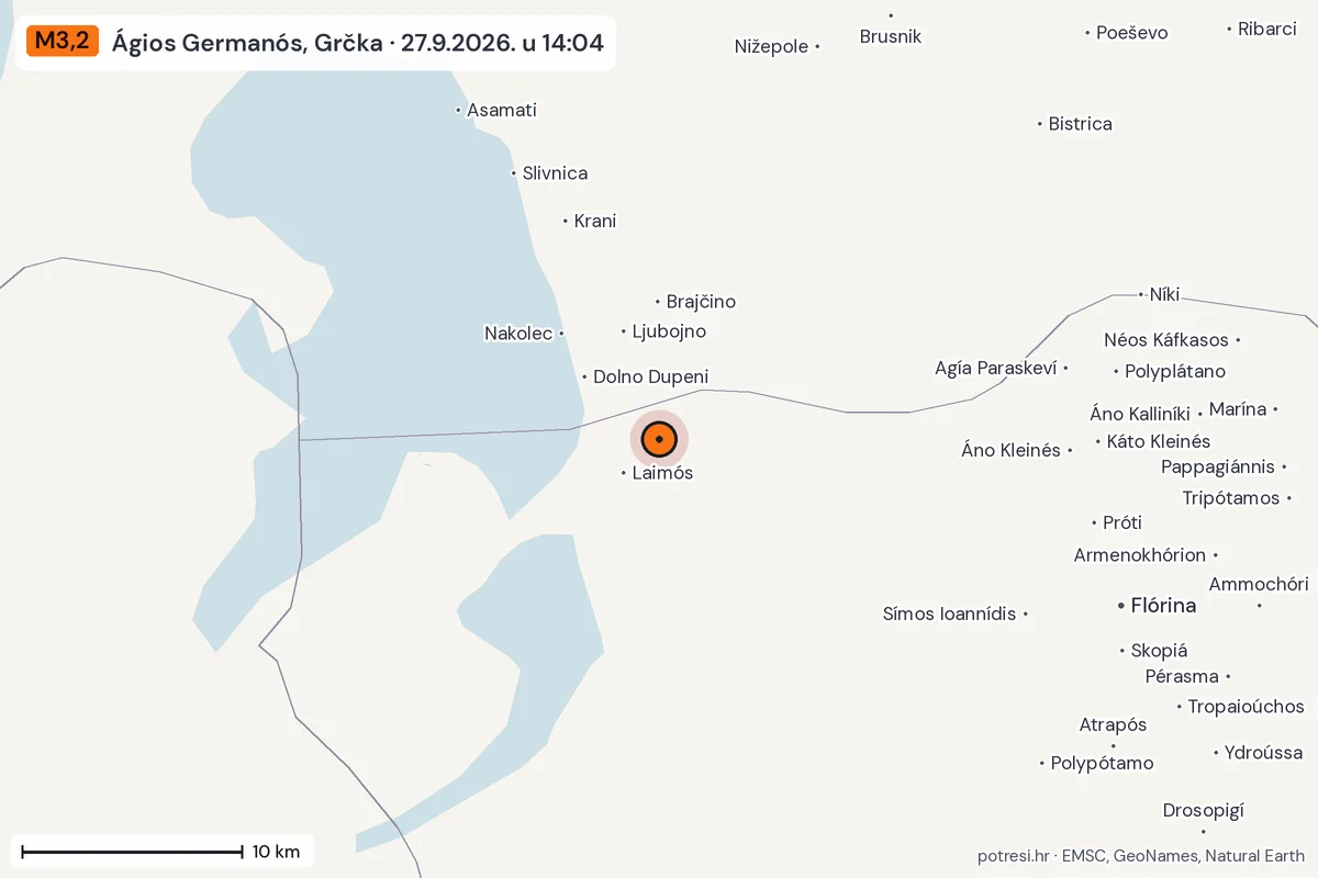 Karta: okolica epicentra, 60 km, potres M3,2, Ágios Germanós, Grčka, 27.9.2026.
