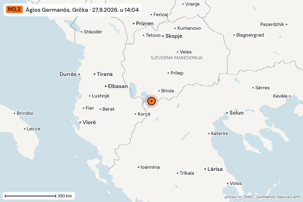 Karta: šire područje, 600 km, potres M3,2, Ágios Germanós, Grčka, 27.9.2026.