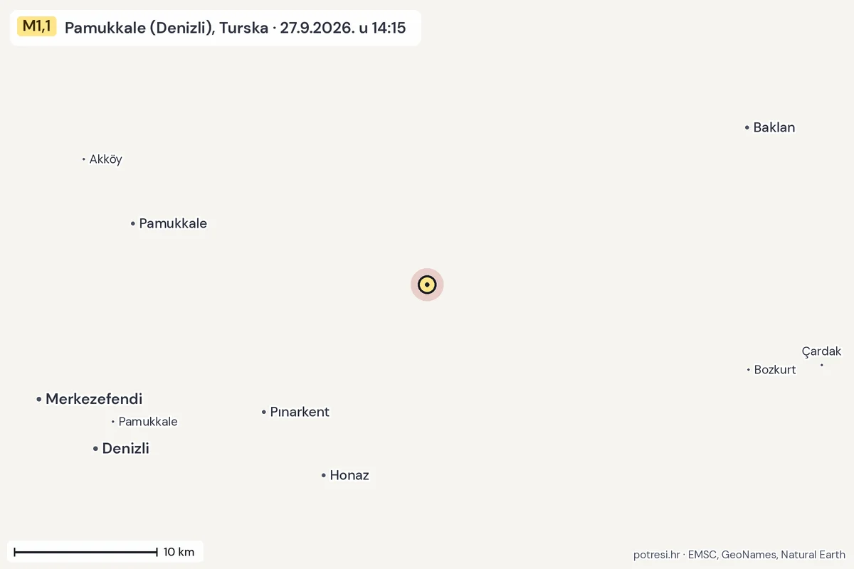 Karta: okolica epicentra, 60 km, potres M1,1, Pamukkale (Denizli), Turska, 27.9.2026.