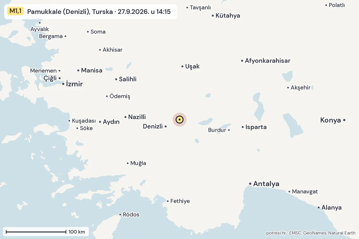 Karta: šire područje, 600 km, potres M1,1, Pamukkale (Denizli), Turska, 27.9.2026.