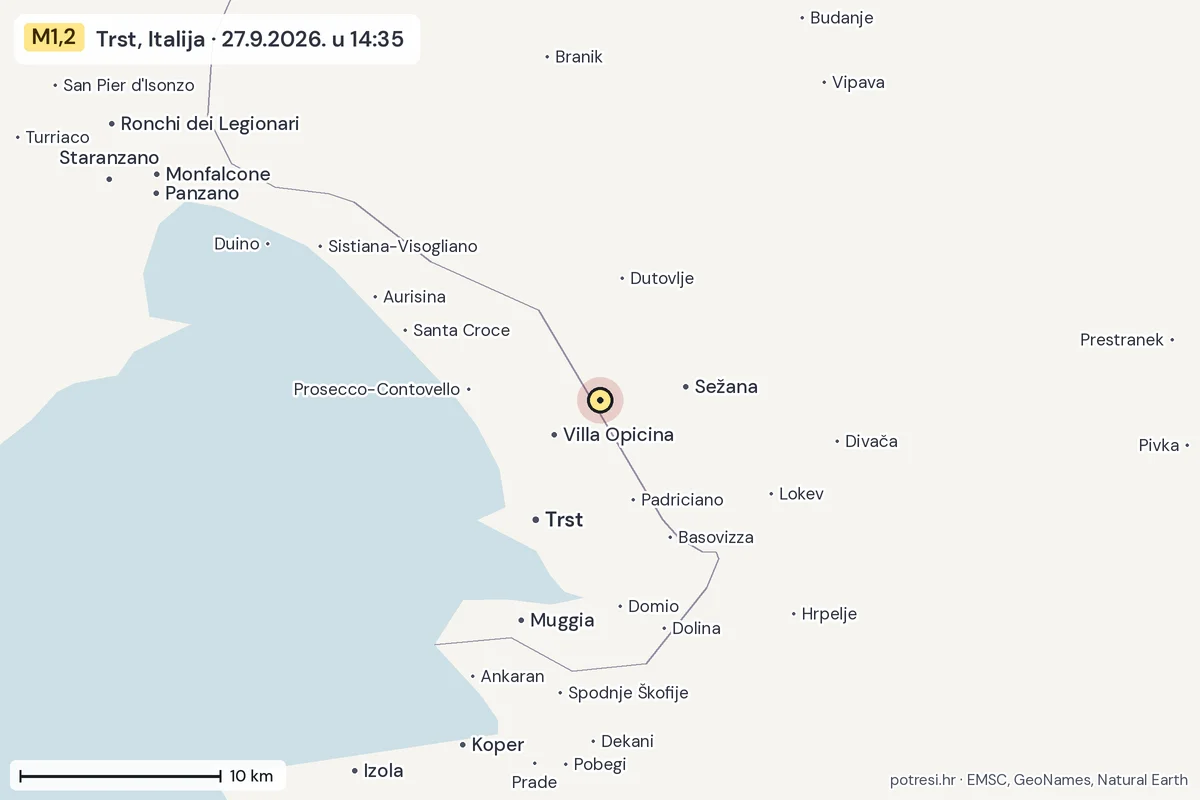 Karta: okolica epicentra, 60 km, potres M1,2, Trst, Italija, 27.9.2026.