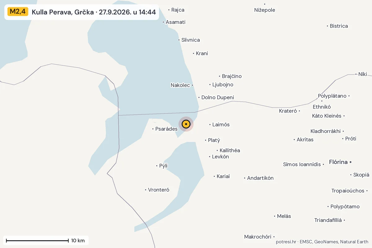 Karta: okolica epicentra, 60 km, potres M2,4, Kulla Perava, Grčka, 27.9.2026.