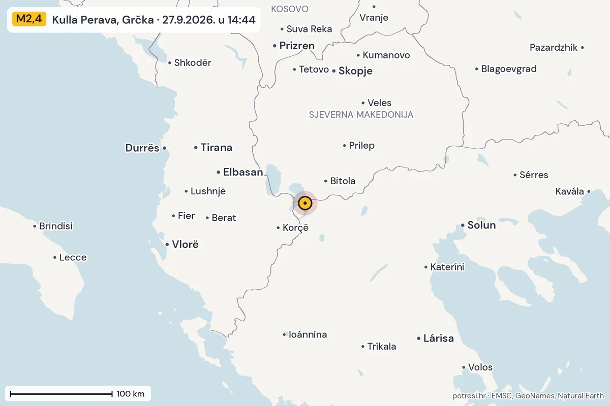 Karta: šire područje, 600 km, potres M2,4, Kulla Perava, Grčka, 27.9.2026.