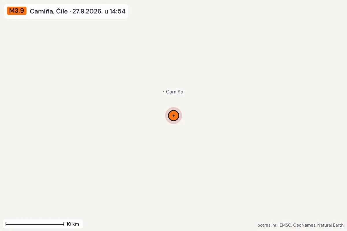 Karta: okolica epicentra, 60 km, potres M3,9, Camiña, Čile, 27.9.2026.