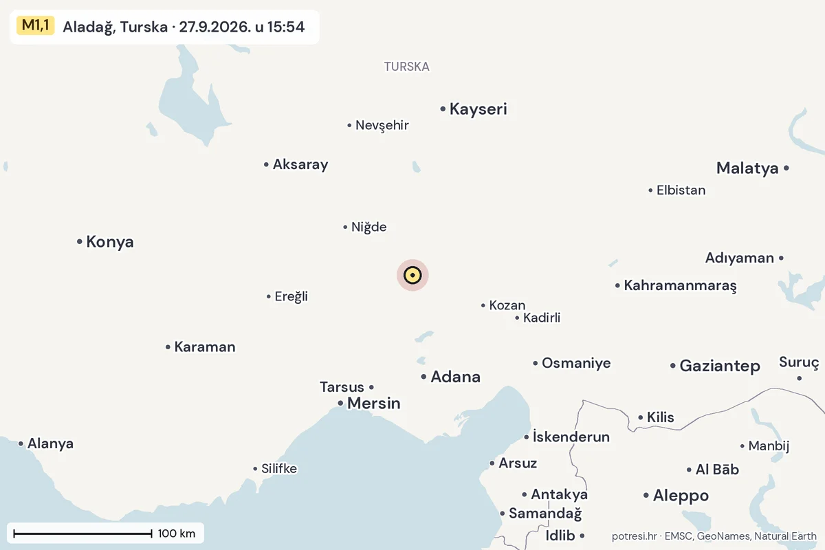 Karta: šire područje, 600 km, potres M1,1, Aladağ, Turska, 27.9.2026.