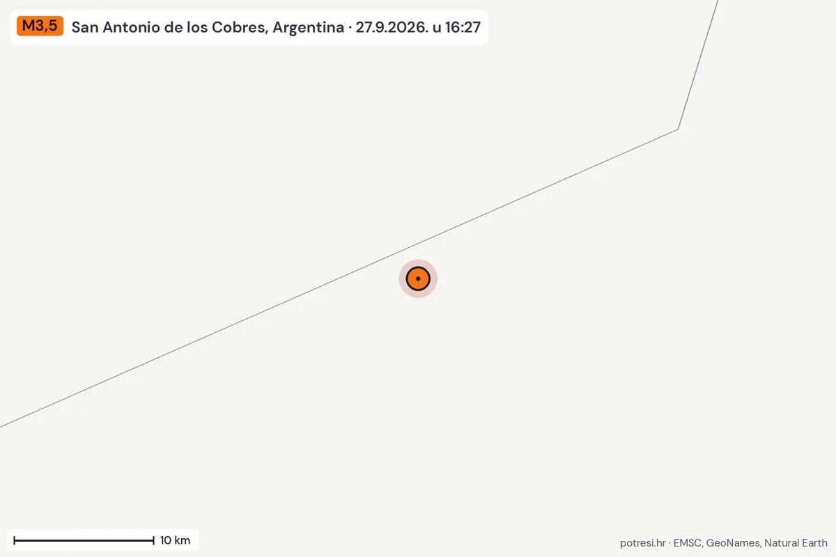 Karta: okolica epicentra, 60 km, potres M3,5, San Antonio de los Cobres, Argentina, 27.9.2026.