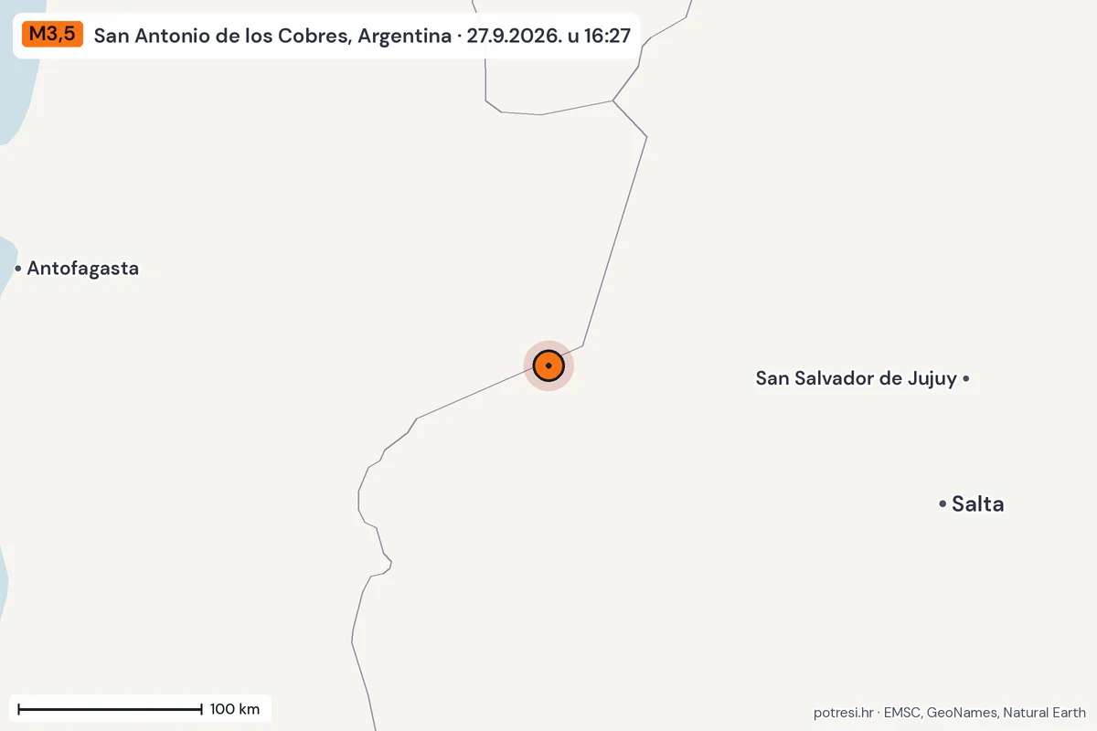 Karta: šire područje, 600 km, potres M3,5, San Antonio de los Cobres, Argentina, 27.9.2026.
