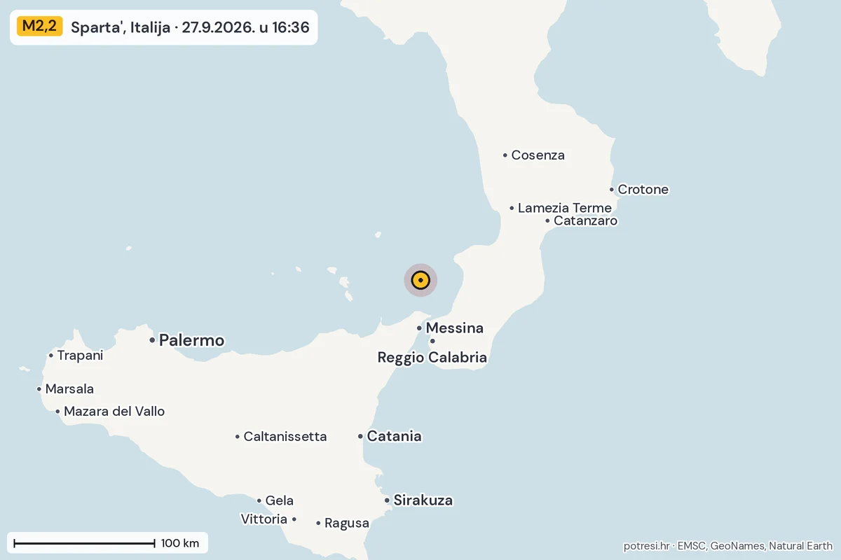 Karta: šire područje, 600 km, potres M2,2, Sparta', Italija, 27.9.2026.