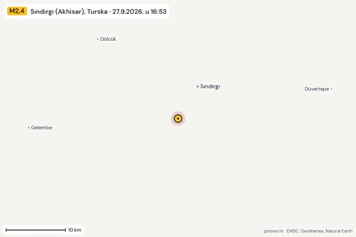 Karta: okolica epicentra, 60 km, potres M2,4, Sındırgı (Akhisar), Turska, 27.9.2026.