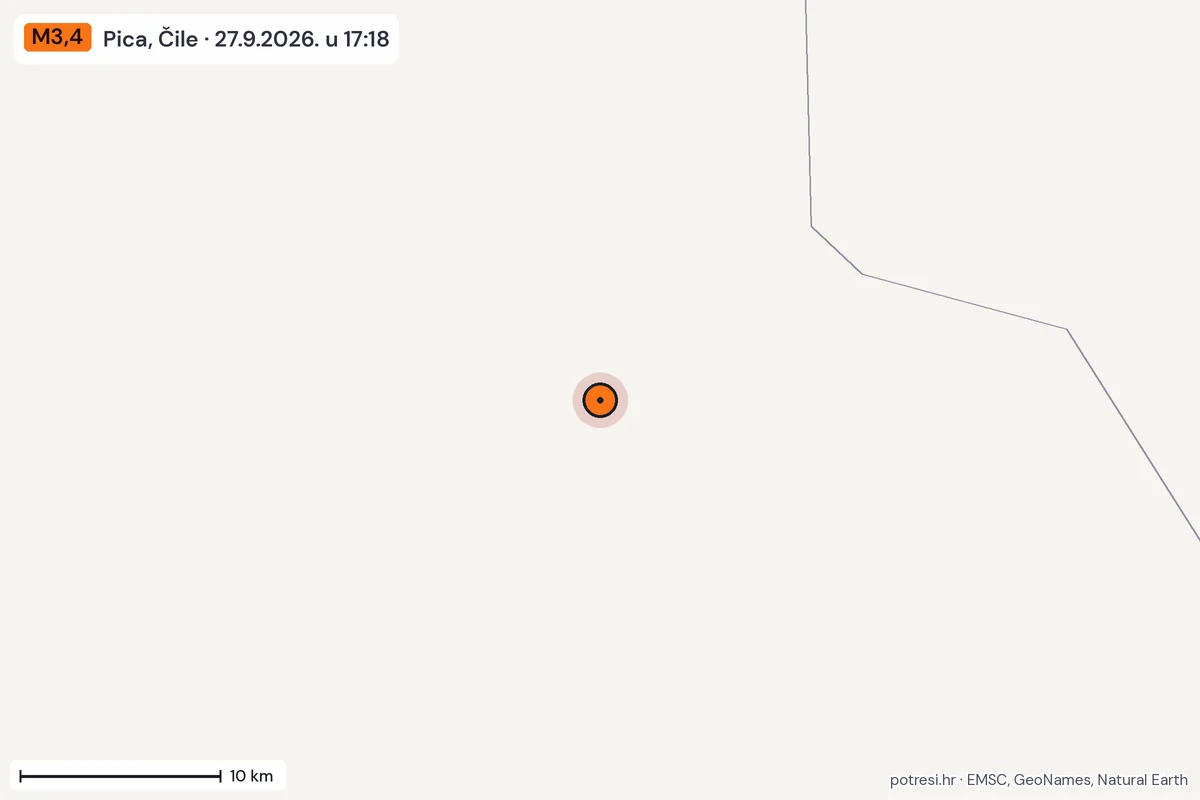 Karta: okolica epicentra, 60 km, potres M3,4, Pica, Čile, 27.9.2026.