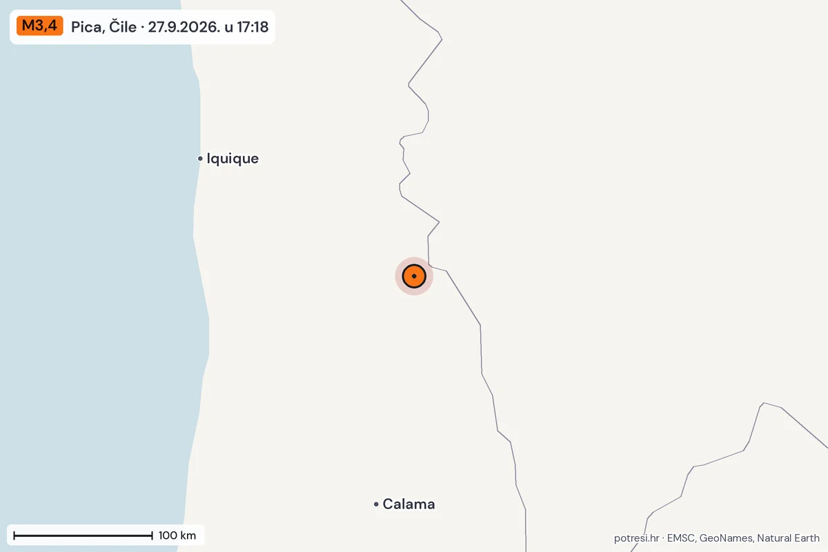 Karta: šire područje, 600 km, potres M3,4, Pica, Čile, 27.9.2026.