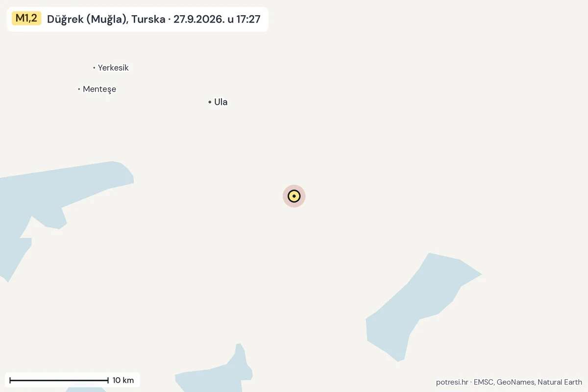 Karta: okolica epicentra, 60 km, potres M1,2, Düğrek (Muğla), Turska, 27.9.2026.