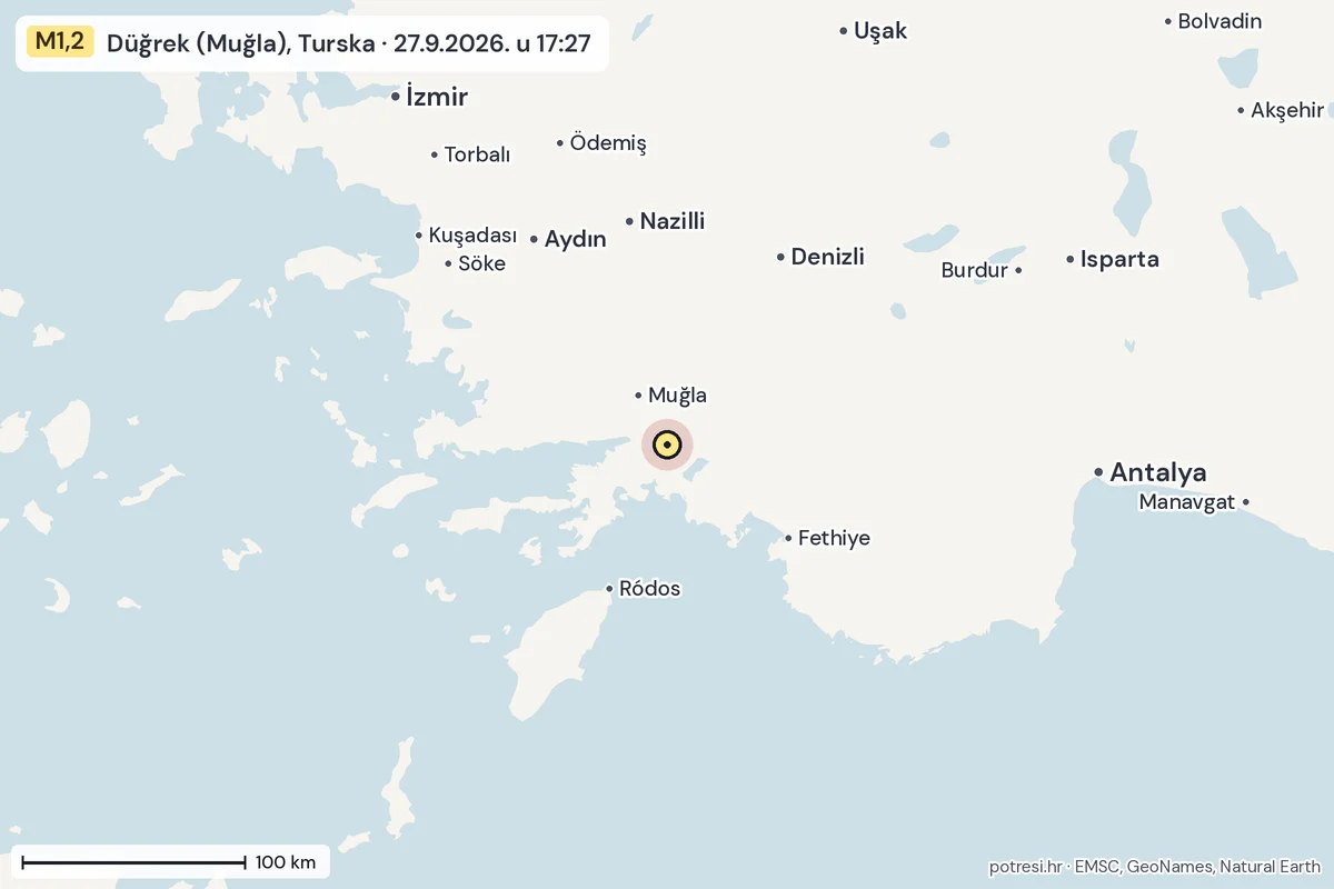Karta: šire područje, 600 km, potres M1,2, Düğrek (Muğla), Turska, 27.9.2026.