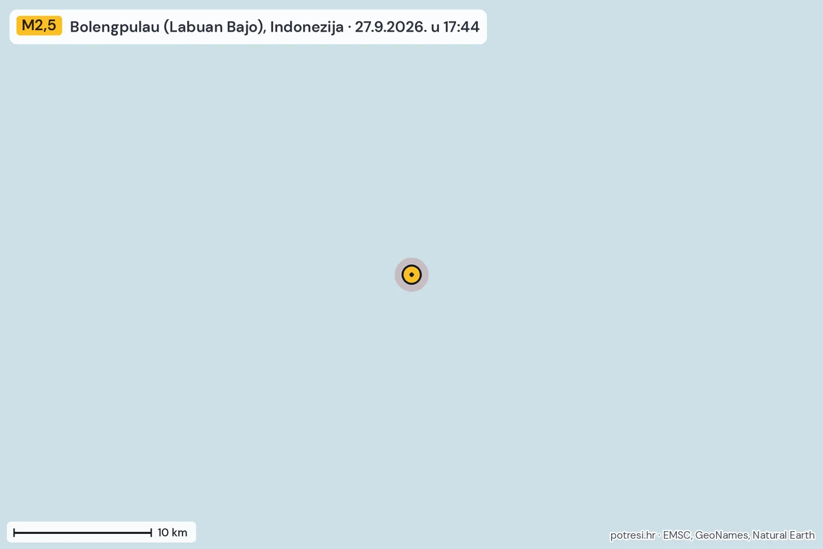Karta: okolica epicentra, 60 km, potres M2,5, Bolengpulau (Labuan Bajo), Indonezija, 27.9.2026.