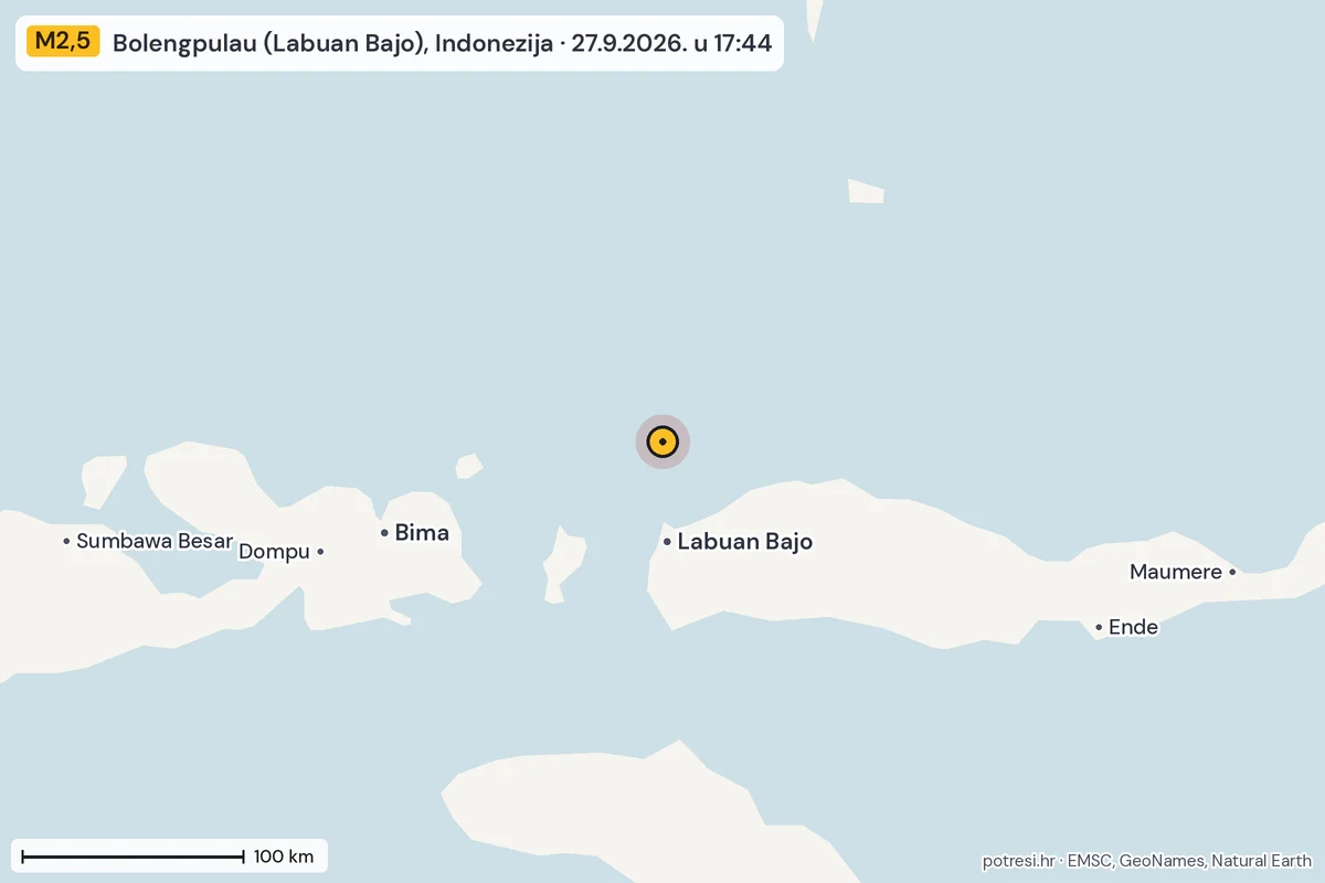 Karta: šire područje, 600 km, potres M2,5, Bolengpulau (Labuan Bajo), Indonezija, 27.9.2026.
