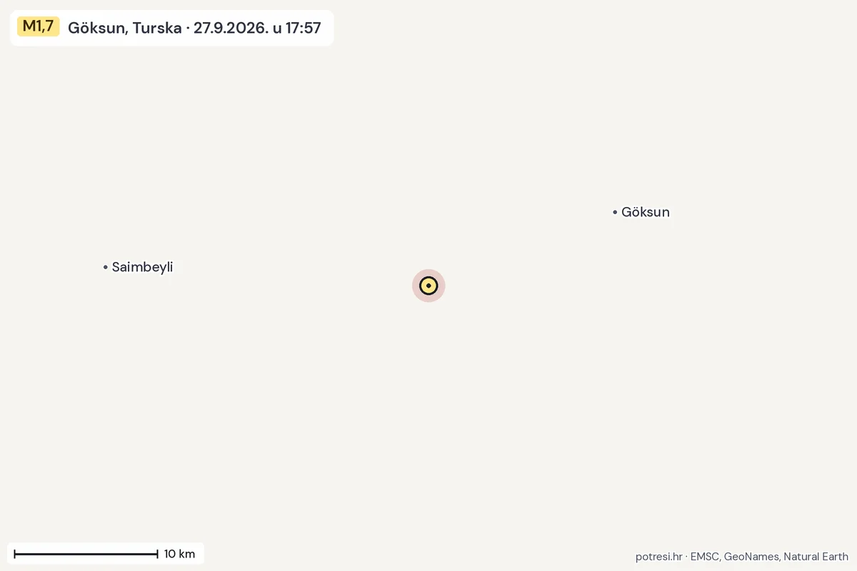 Karta: okolica epicentra, 60 km, potres M1,7, Göksun, Turska, 27.9.2026.