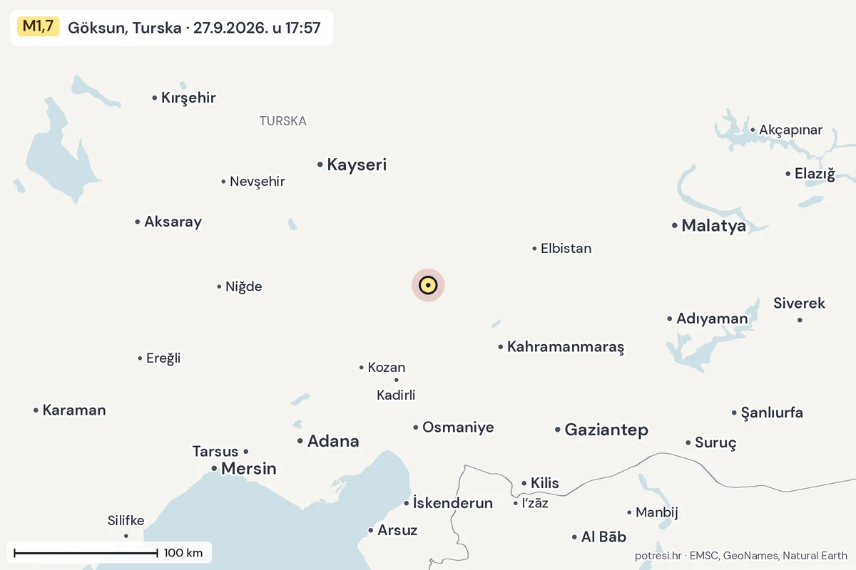 Karta: šire područje, 600 km, potres M1,7, Göksun, Turska, 27.9.2026.