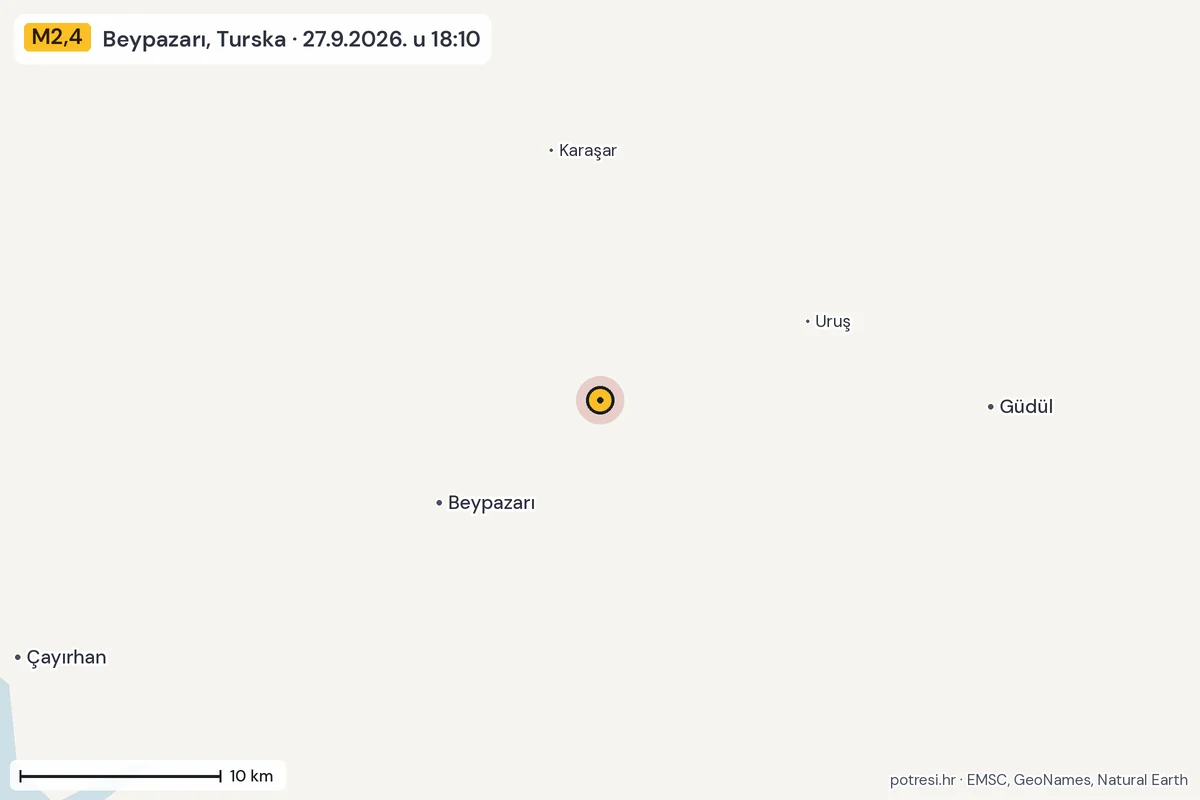 Karta: okolica epicentra, 60 km, potres M2,4, Beypazarı, Turska, 27.9.2026.