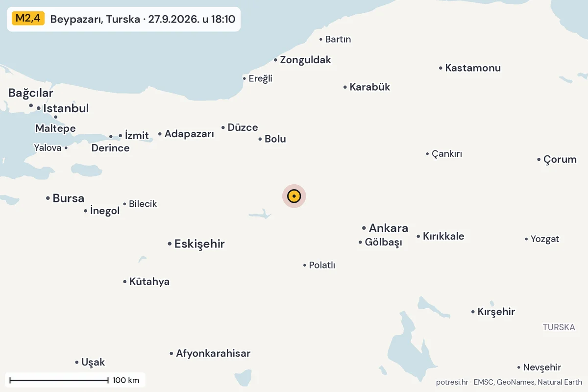 Karta: šire područje, 600 km, potres M2,4, Beypazarı, Turska, 27.9.2026.