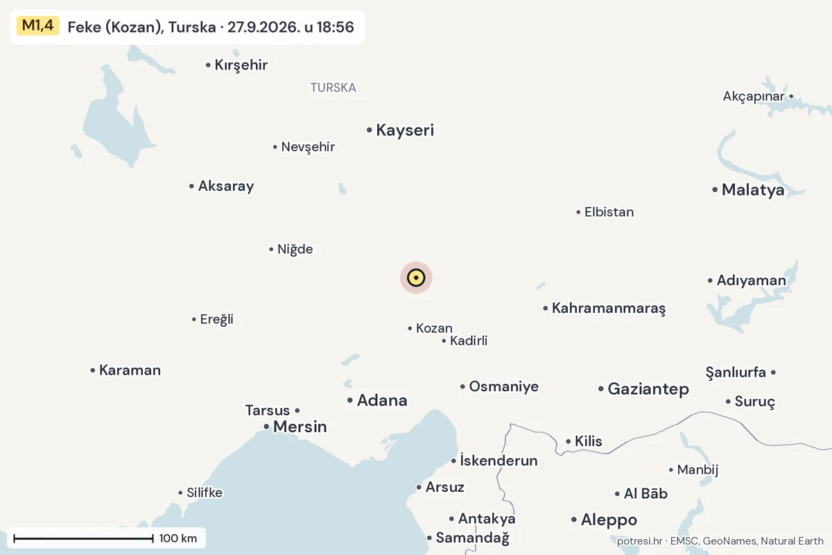 Karta: šire područje, 600 km, potres M1,4, Feke (Kozan), Turska, 27.9.2026.