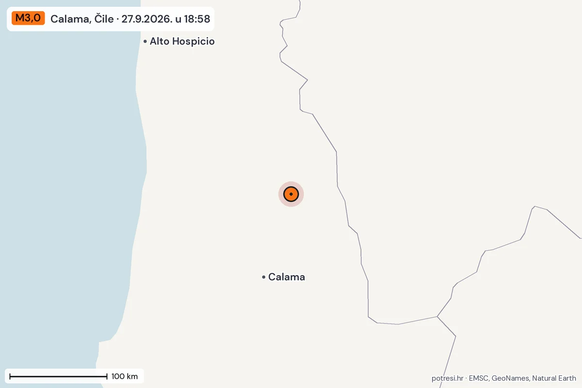 Karta: šire područje, 600 km, potres M3,0, Calama, Čile, 27.9.2026.