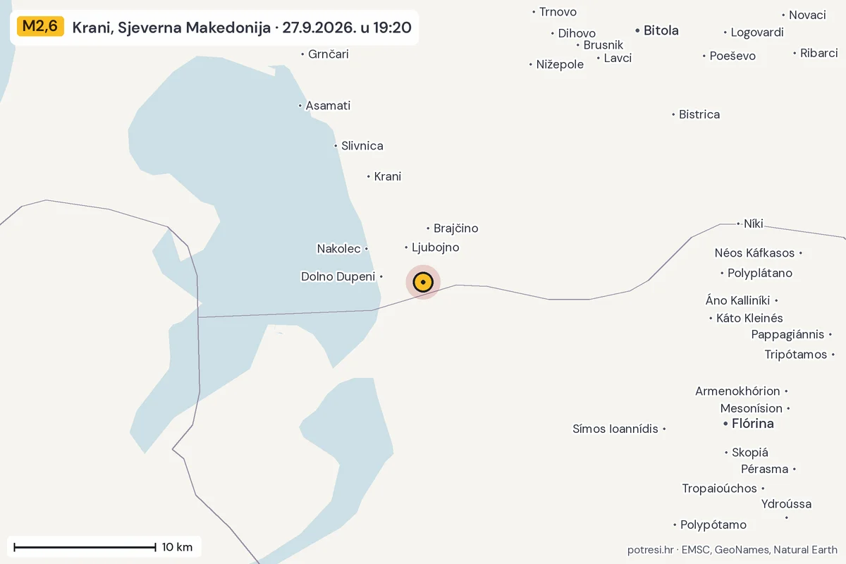 Karta: okolica epicentra, 60 km, potres M2,6, Krani, Sjeverna Makedonija, 27.9.2026.