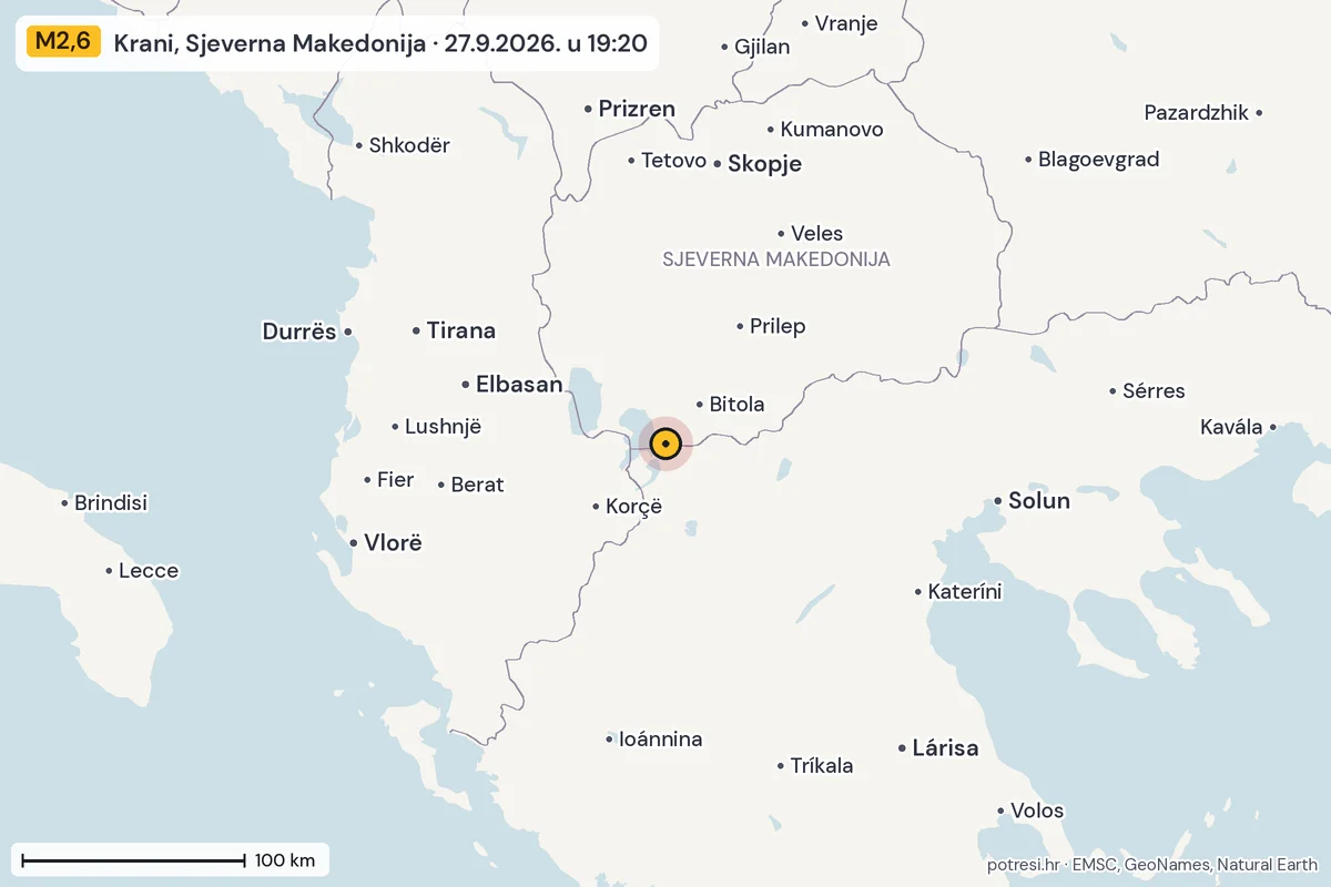 Karta: šire područje, 600 km, potres M2,6, Krani, Sjeverna Makedonija, 27.9.2026.