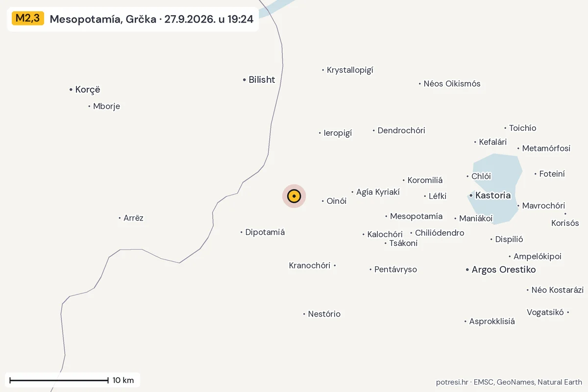 Karta: okolica epicentra, 60 km, potres M2,3, Mesopotamía, Grčka, 27.9.2026.