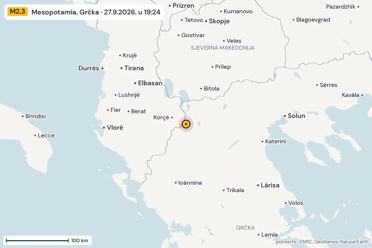 Karta: šire područje, 600 km, potres M2,3, Mesopotamía, Grčka, 27.9.2026.