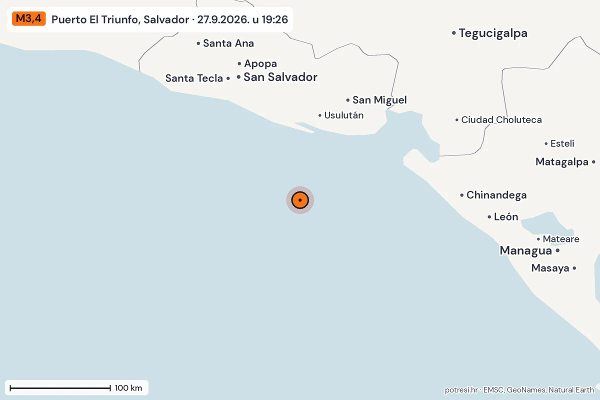 Karta: šire područje, 600 km, potres M3,4, Puerto El Triunfo, Salvador, 27.9.2026.