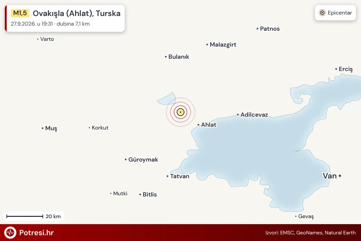 Karta: šire područje i vjerojatni doseg osjeta, potres M1,5, Ovakışla (Ahlat), Turska, 27.9.2026.