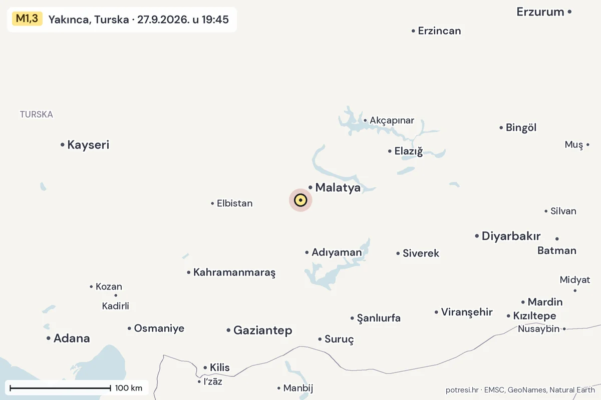 Karta: šire područje, 600 km, potres M1,3, Yakınca, Turska, 27.9.2026.