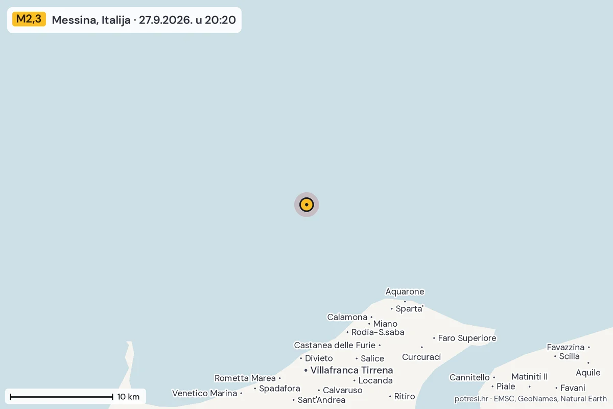 Karta: okolica epicentra, 60 km, potres M2,3, Messina, Italija, 27.9.2026.