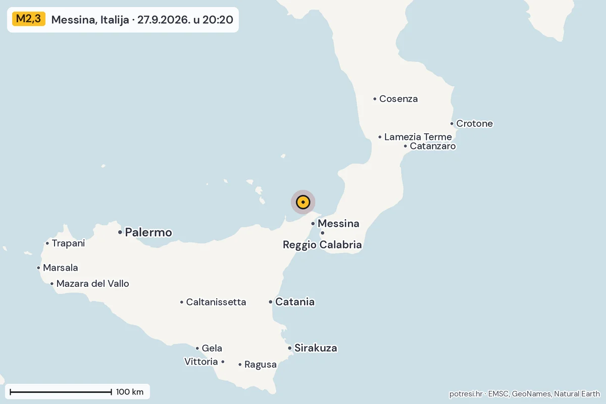Karta: šire područje, 600 km, potres M2,3, Messina, Italija, 27.9.2026.